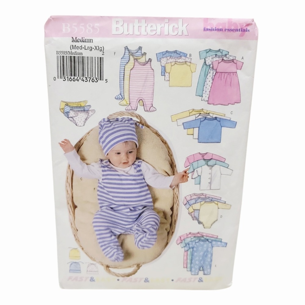Butterick B5585 Infant Sewing Pattern Medium Med Lrg Xlg Jacket Dress Romper Hat